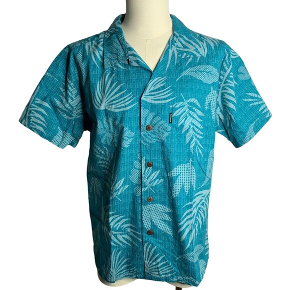 Palmwave Button Up Hawaiian Camp Shirt L Blue Floral Leaves Pocket Short Sleeve - Picture 1 of 6